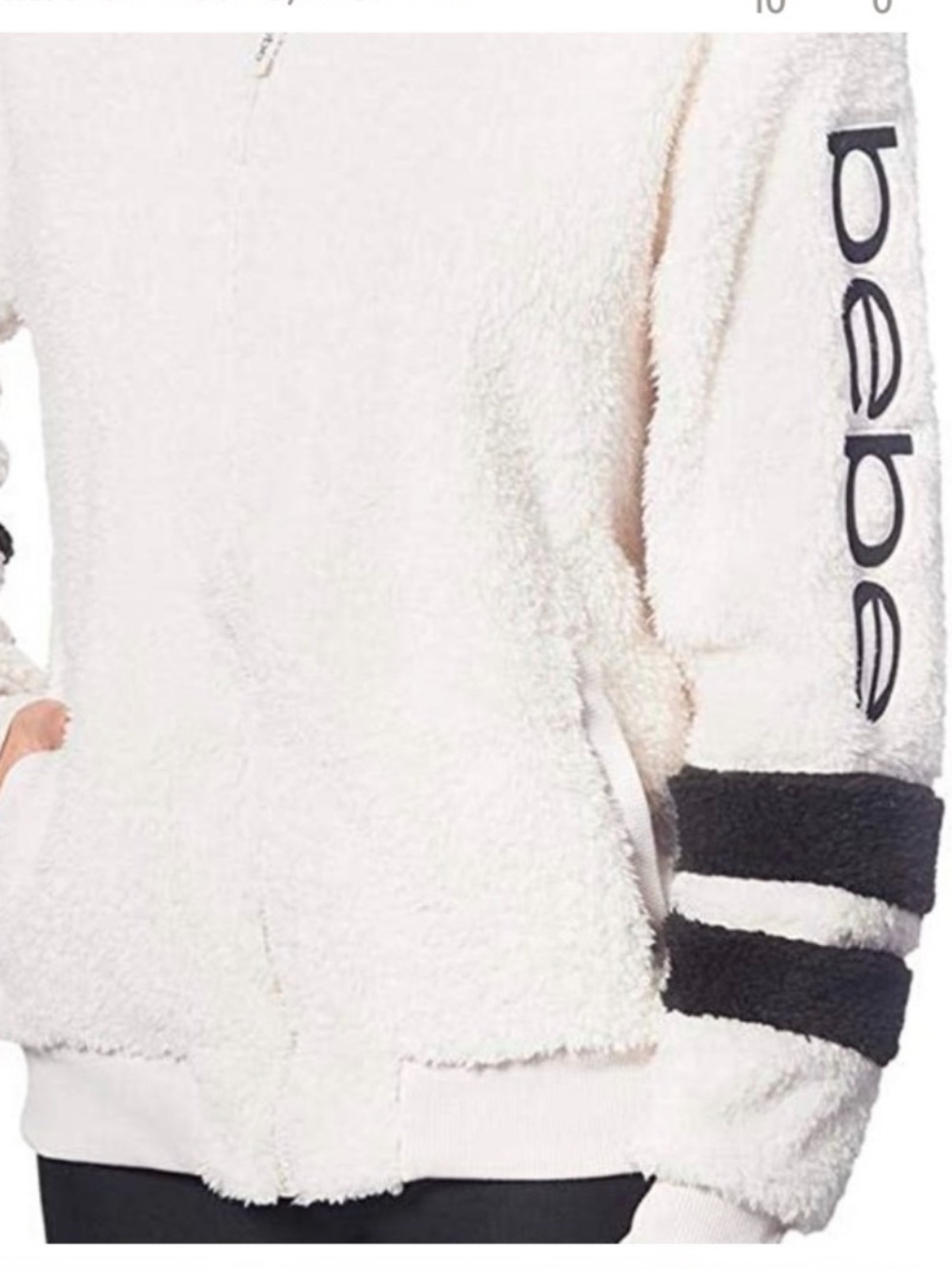 bebe Cream Sherpa Zip Jacket with Black Sleeve Stripes